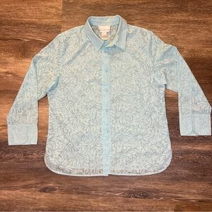 Susan Graver Shirt Women L Blue Daisy Sheer Button Front Blouse cotton blend